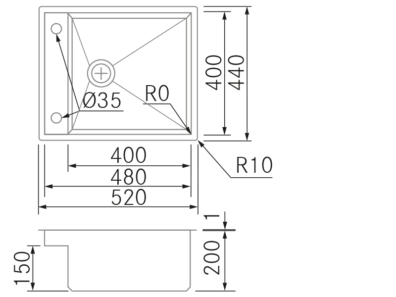 Sinks - Latus 40 BE-EN-OE - Technical design