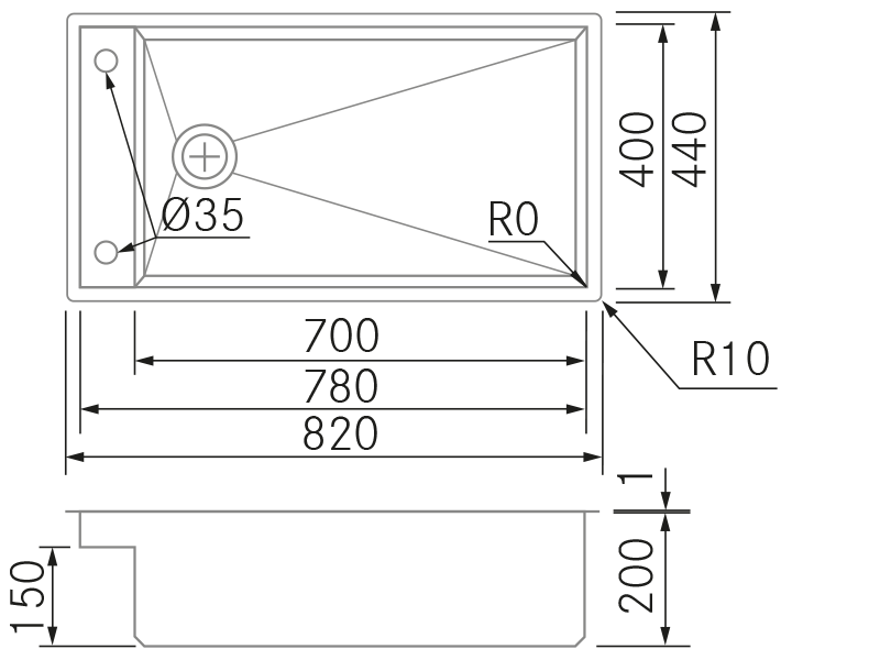 Sinks - Latus 70 BE-EN-OE - Technical design